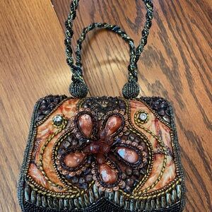 Beaded Floral Embellished Women's Handbag in Copper Brown